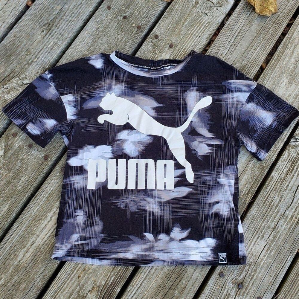 Puma Womens Sz Small Crop Top Black, Gray & White Graphic